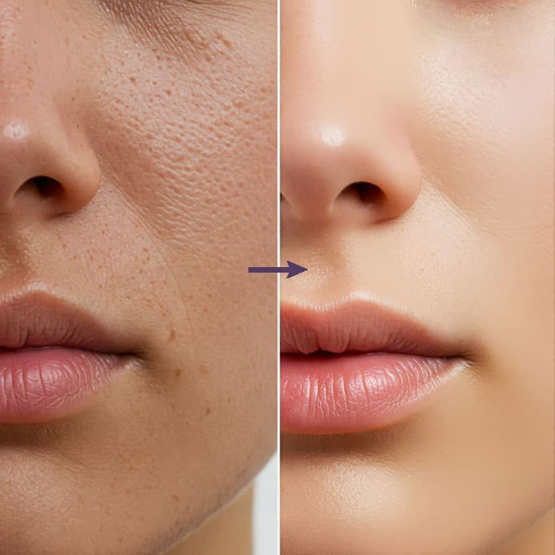 Before and after comparison of a person's lips with a focus on skin texture and color.